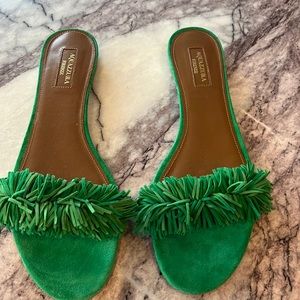 Aquazzura Green Suede Wild Thing Fringe Trimmed Flat Slides Size 39.5